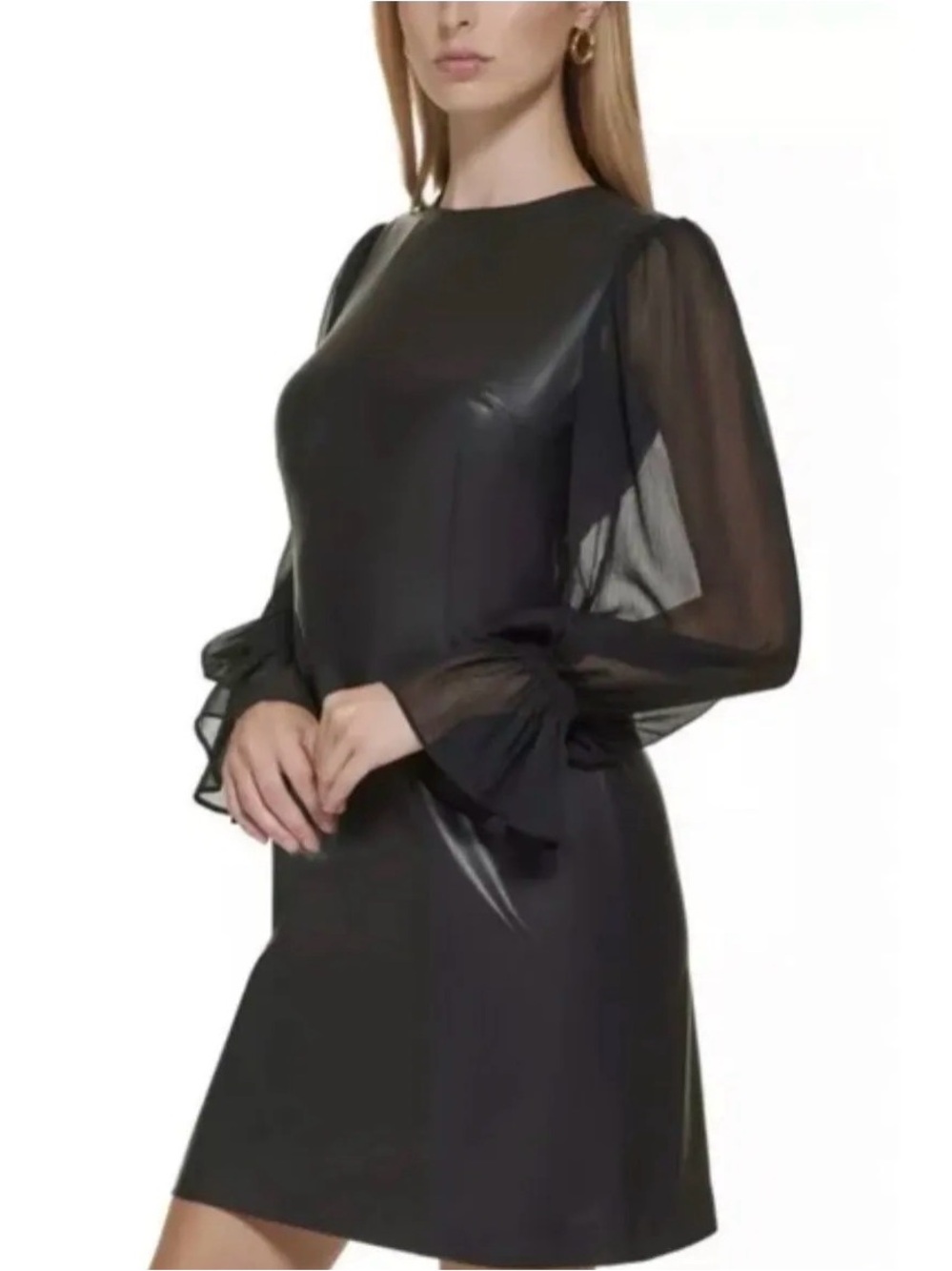 Black leather and Sheer-Sleeve Dress - Calvin Klein